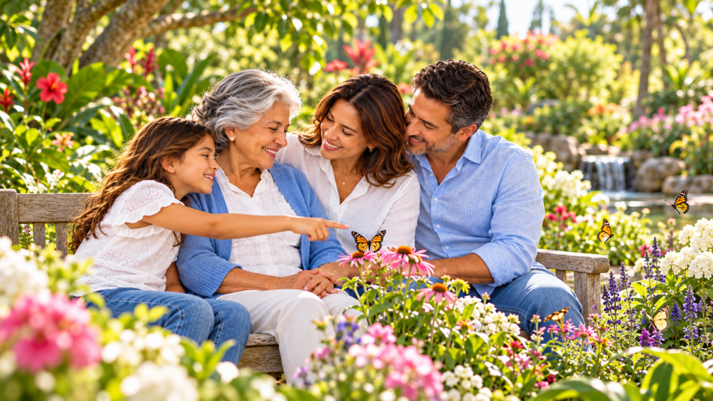 Familia unida en un jardín, símbolo de tranquilidad, protección y respaldo del Seguro de Vida Colsanitas